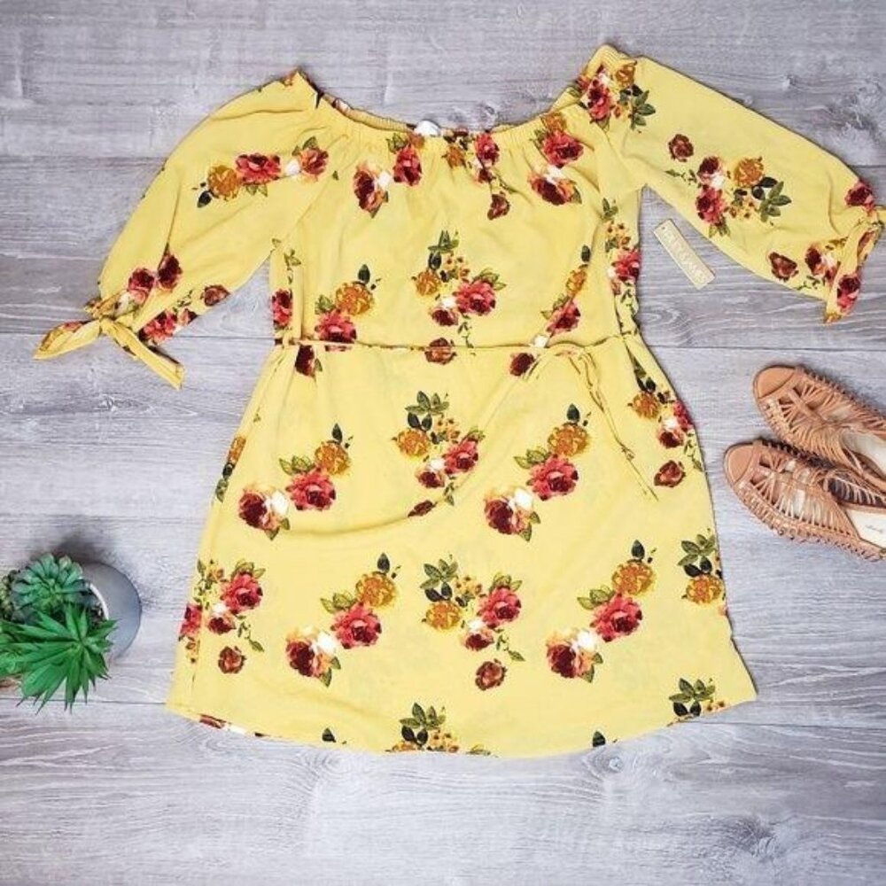 Riley & James NWT Off-Shoulder Yellow mini Dress 3/4 Sleeves & Waist Tie Large